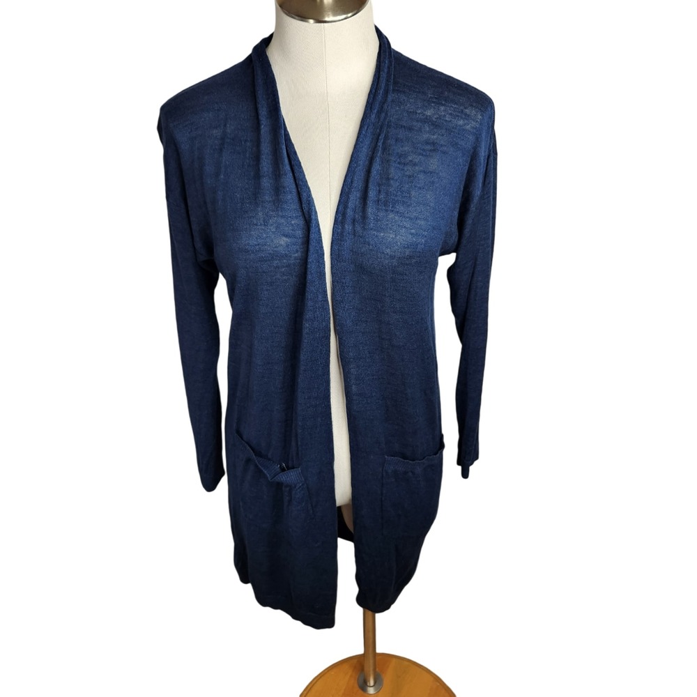 Uniqlo Linen Blend Knit Long Duster Open Cardigan Womens Size Small Blue